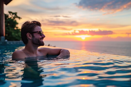 Young man enjoys a serene moment in an infinity pool overlooking a stunning sunset