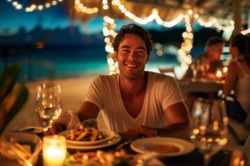 Joyful man having a gourmet meal with festive lights in a tropical outdoor setting - Powered by Adobe