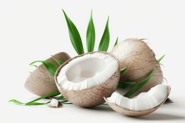 coconut with leaves isolated on white background 