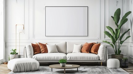 Elegant Living Room Interior with Neutral Tones and Empty Mockup Frame