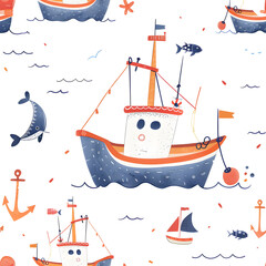 A seamless pattern featuring boats and anchors on a white background, perfect for those interested in naval architecture or boating. The snow and freezing elements add a unique touch to the design