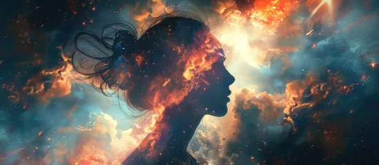 Fotobehang A silhouette of a woman with fire erupting from her head, contrasting against an electric blue sky. This surreal art piece combines elements of heat, darkness, and a fictional character © 2rogan