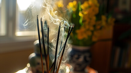 A bunch of incense sticks are burning and the smoke is rising