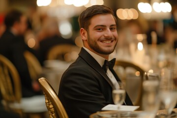 Young man in a tuxedo smiles at a formal gathering with guests in the background