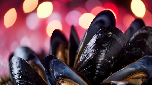 A close up of a bunch of black mussels