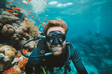 Naklejka na ściany i meble Smiling male scuba diver surrounded by tropical fish and vibrant coral