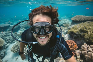 Smiling scuba diver with vibrant coral reef and marine life in the background