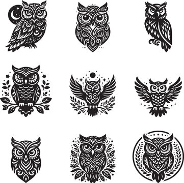 Owl silhouette vector illustration set