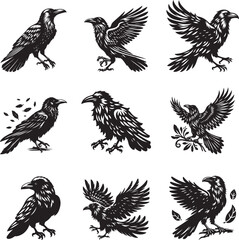 Raven silhouette vector illustration set