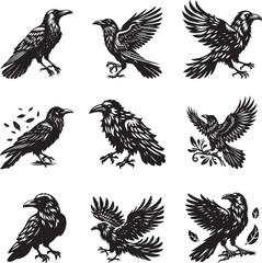 Obraz premium Raven silhouette vector illustration set