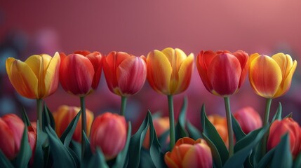 Group of Red and Yellow Tulips With Green Leaves