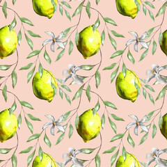 Floral botanical pattern watercolor ornament lemon fruits and flowers branches pink wrapping paper, textile, wallpaper, seamless