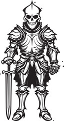 Fototapeta na wymiar Dark Knight Rises Skeleton Vector Black Logo Design Icon Shadowed Sentinel Skeleton Knight Emblem in Black Vector