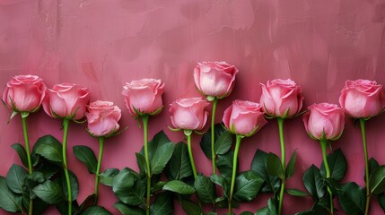 Row of Pink Roses Against Pink Wall