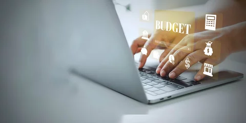 Deurstickers A person working on laptop with budget and financial planning concept. Calculate company income and expenses. invest money, business and finance, capital fundraising, loan credit © Abzol