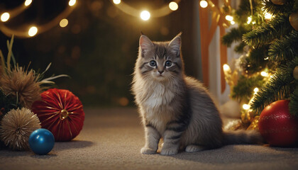 Cute kitten sitting outdoors, looking at camera, surrounded by decorations  - obrazy, fototapety, plakaty