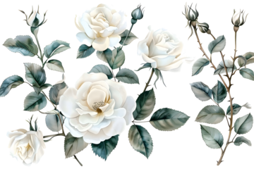 Set of watercolor on floral white rose branches. Wedding concept a white background