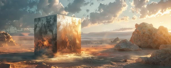 Foto op Plexiglas Surreal landscape with a metal cube in the desert © Coosh448