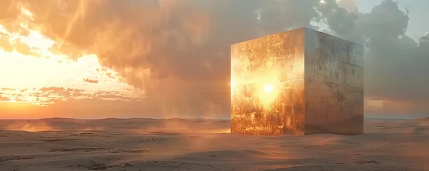 Deurstickers Surreal landscape with a metal cube in the desert © Coosh448