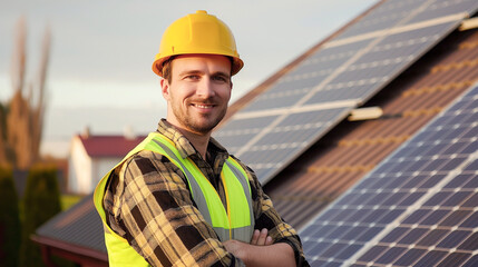 young male solar electrics engineer, wearing a protective yellow helmet against the background of solar panels on the roof of a house. The concept of alternative, renewable green energy. copy space