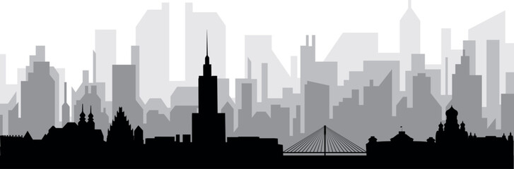 Obraz premium Black cityscape skyline panorama with gray misty city buildings background of WARSAW, POLAND