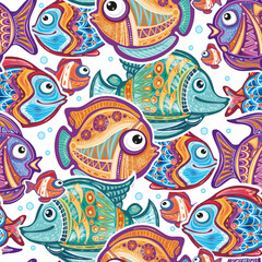 Seamless Pattern with Decorative fishes and Corals - 761790344