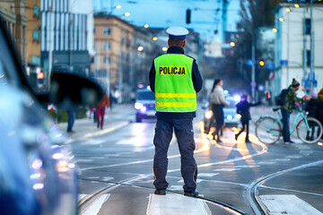 Policjanci ruchu drogowego polskiej policji w mieście kierują ruchem wieczorem - obrazy, fototapety, plakaty