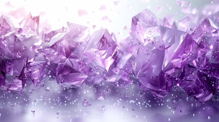  a close up of a bunch of purple crystals on a white and purple background with drops of water on the glass.