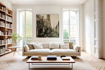 Parisian minimalist interior design of modern living room, home. Sofa and bookcase on parquet floor against french windows in room with white classic paneling walls.