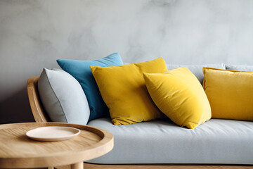 Minimalist interior design of modern living room, home. Close up of blue fabric sofa with yellow velvet pillows against concrete wall with copy space.
