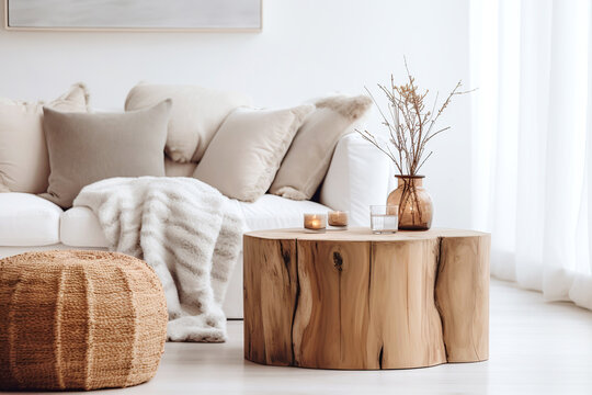 Boho, farmhouse, country interior design of modern living room, home. Tree stump side table and knitted pouf near sofa with beige pillows.