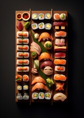 Sushi Selection Supreme - Assorted sushi set on dark, elegant background