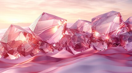  a group of pink diamonds sitting on top of a pile of snow next to a pink and blue sky with clouds.