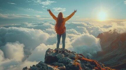 Woman Standing on Top of Mountain With Outstretched Arms - obrazy, fototapety, plakaty