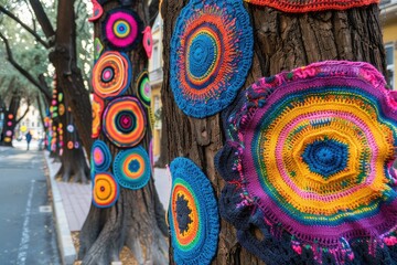 Yarnbombing Trees, Benches, Knitting Street art, Colorful Crochet on City Street