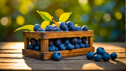 ripe blueberries in a wooden box in nature vitamin