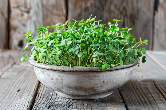 Microgreen broccoli in bowl on wooden background