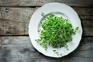 Microgreen broccoli in plate on wooden background
