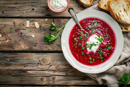 Flat lay of bowl of beet root soup borsch on wooden table