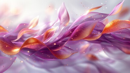  a close up of a purple and orange flower on a white and pink background with lots of gold flecks.