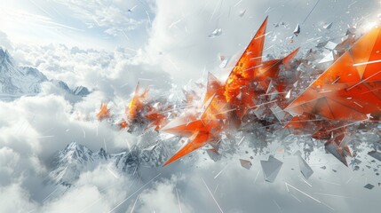  a computer generated image of an orange plane flying through the air with mountains in the background and clouds in the foreground.