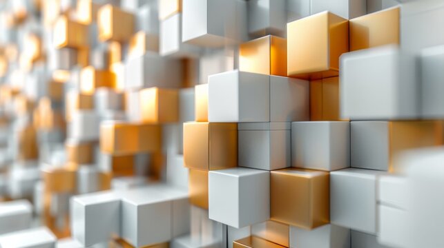  a bunch of white and gold cubes are stacked on top of each other in order to form a wall.