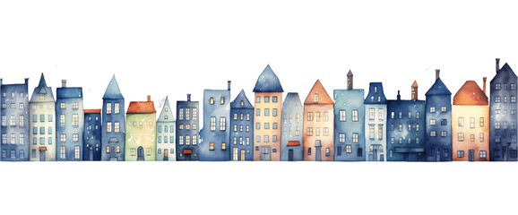 A fantasy depiction of a town skyline, painted with vibrant watercolors