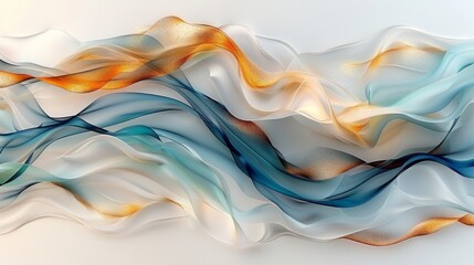  an abstract painting of blue, orange, and yellow wavy lines on a white background with a light reflection on the left side of the image.