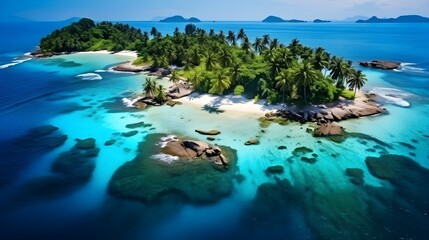 Aerial view of beautiful tropical island with palm trees and turquoise sea. - obrazy, fototapety, plakaty