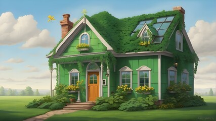 A humorous depiction of a green house, complete with a leprechaun's hat and clover, that perfectly captures the essence of St. Patrick's Day