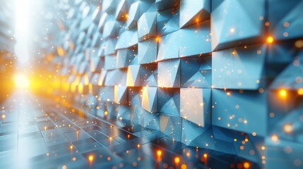  an abstract image of a wall made up of blue cubes with a bright light coming out of the middle.