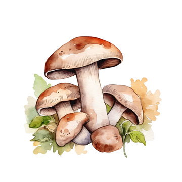 A vibrant watercolor artwork capturing the natural beauty of forest mushrooms amidst green leaves