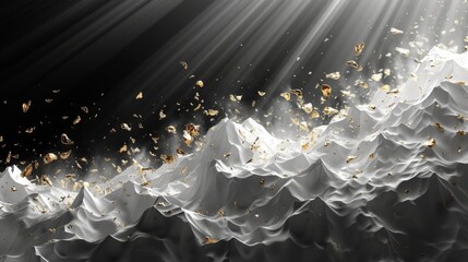  a black and white photo of a wave of white fabric with gold flakes falling from the top of it. - obrazy, fototapety, plakaty