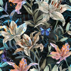 Seamless watercolor pattern with lily blooms and butterflie